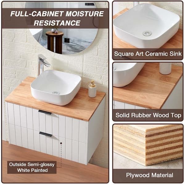 32 in. Wall Mounted Single Sink White Bath Vanity with Natural Solid Wood Top and Ceramic Sink (Self Assembly Needed)