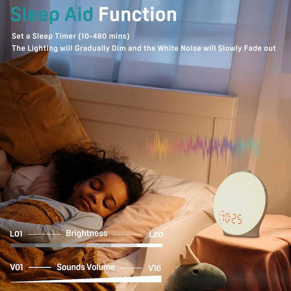White Sunrise Alarm Clock with 25-Soothing Sounds, 17-Night Lights