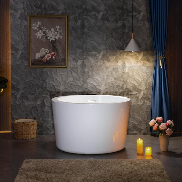 41 in. x 41 in. Acrylic Round Whirlpool with Inline Heater Bathtub with Pre-Molded Seat, Reversible Drain in White