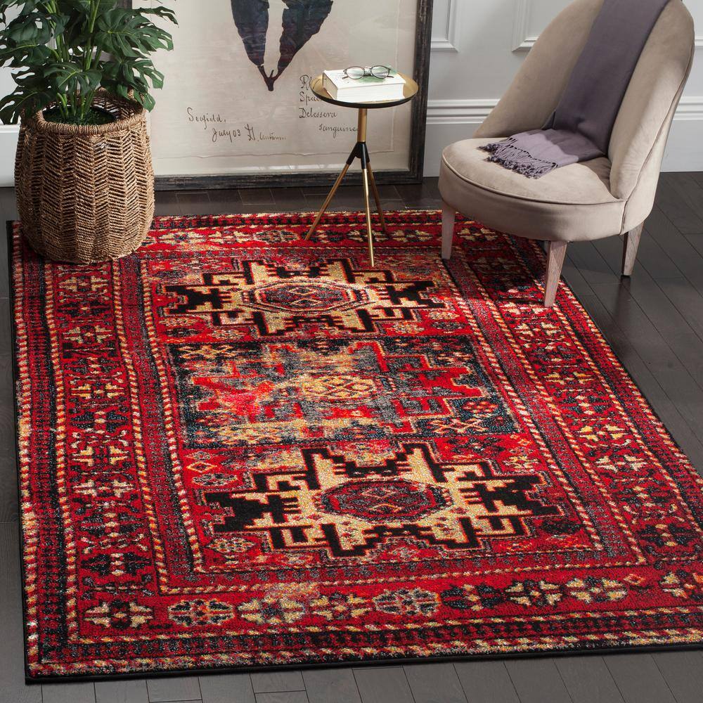 Vintage Red and Multi Synthetic Square Area Rug, 8'x8'