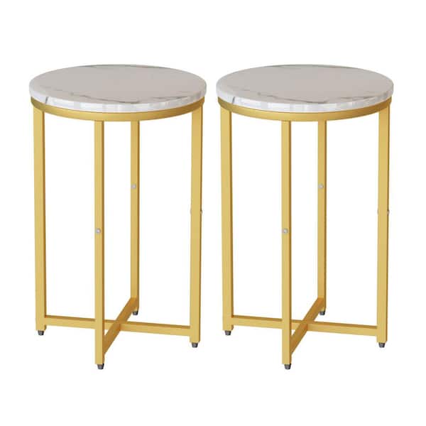 Siavonce 15.75 in. W White Round End Side Table with Faux Marble Top and Metal Frame (Set of 2)