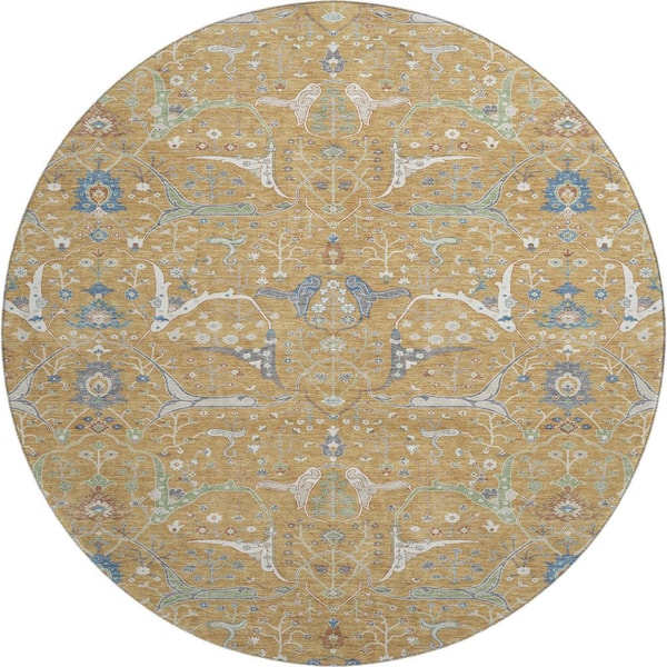 Mayfield Premium Machine Washable Abstract AMF2250 Gold 8 ft. x 8 ft. Round Rug
