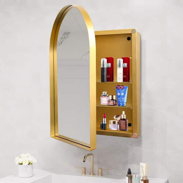 Unbranded Gold 24 in. W x 36 in. H Arched Metal Framed Recessed Medicine Cabinet with Mirror, Wall Mirror with Storage