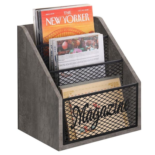 Unbranded Wooden 3-Tier Stepped Magazine Rack Floor Organizer, Gray, Freestanding, 11.5 in. x 7.7 in. x 12.5 in.