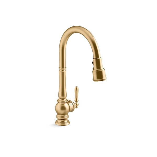 Artifacts 1 Handle Pull Down Sprayer Kitchen Faucet with Secure Docking in Vibrant Brushed Moderne Brass