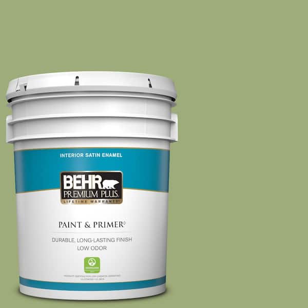 BEHR PREMIUM PLUS 5 gal. #BIC-12 Siamese Green Satin Enamel Low Odor Interior Paint & Primer