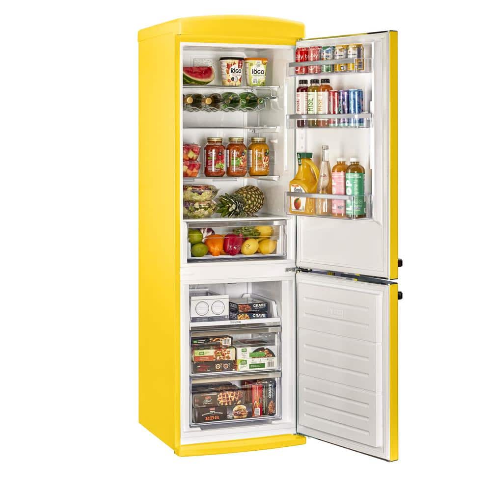 Canary Yellow Retro Bottom Freezer Refrigerator with Chrome Handles