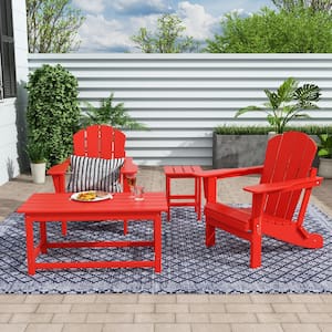 Laguna 4-Piece Fade Resistant Outdoor Patio HDPE Poly Plastic Folding Adirondack Chairs and Tables Set in Red