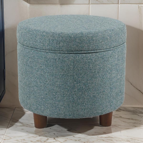 Benjara Blue Fabric Round Storage Ottoman Medium