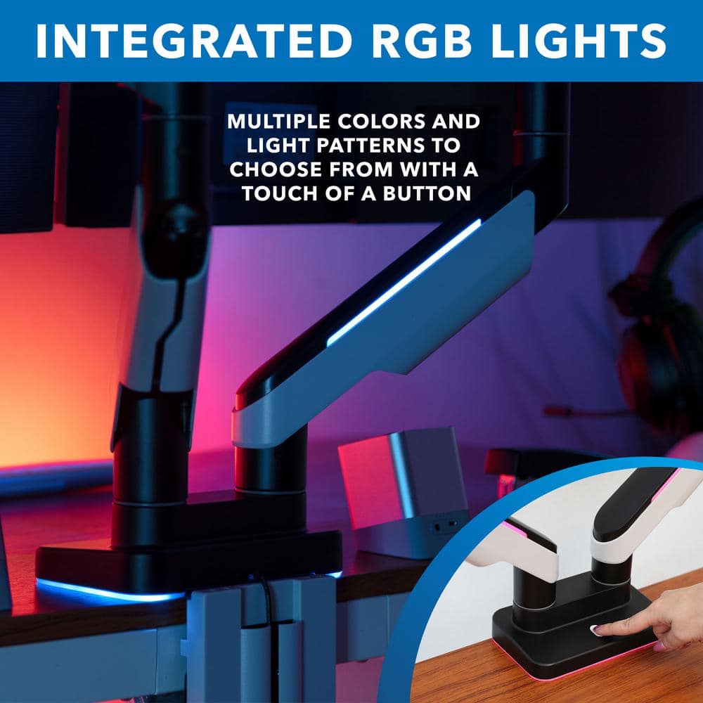 Matte Black and Grayish White Dual Monitor Desk Mount with RGB Lights