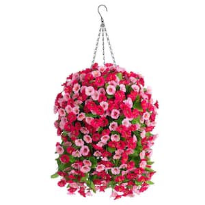 19.7 in Red Artificial Flowers Hanging Basket, Fake Glory