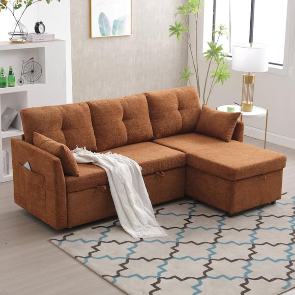 81 in. Square Arm 3-Piece Chenille Upholstered L-Shaped Pull-Out Sectional Sofa Bed in Brown with Storage Chaise