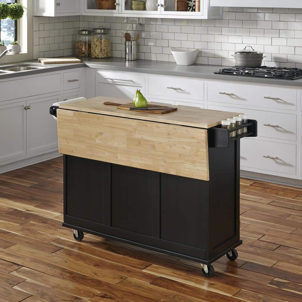 Black Wood Kitchen Cart with Drop Leaf and Storage