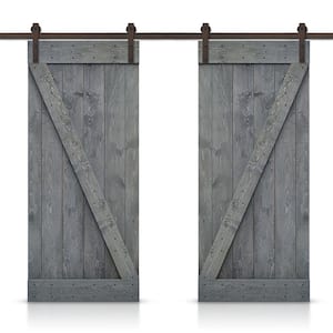 Distressed Z Series 72 in. x 84 in. Gray Solid Knotty Pine Wood Double Interior Sliding Barn Door with Hardware Kit