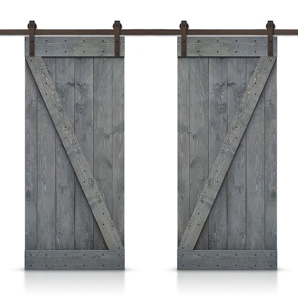 CALHOME Distressed Z Series 72 in. x 84 in. Gray Solid Knotty Pine Wood Double Interior Sliding Barn Door with Hardware Kit