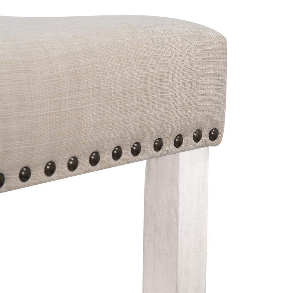 Antique White and Beige Upholstered Saddle Seat Bar Stools, 29" Wood