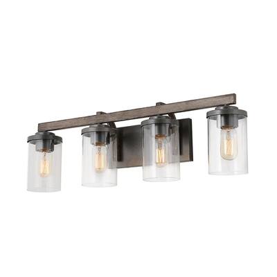 Birddlewood 28 in. 4-Light Rust Gray Bathroom Vanity Light with Wood Accents and Clear Glass Shades