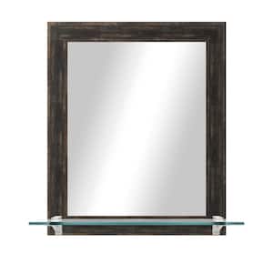 25.5 in. W x 21.5 in. H Rectangular Brown Distressed Vertical Wall Mirror with Tempered Glass Shelf and Chrome Brackets