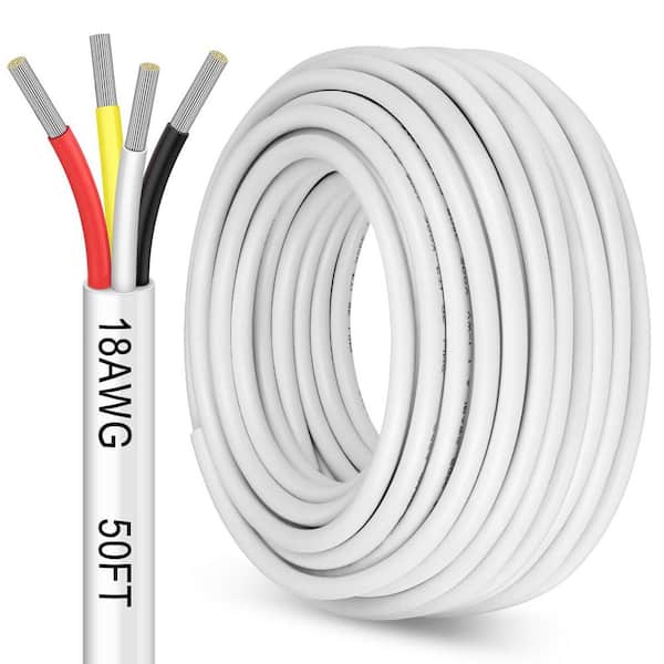 50ft. 18/4 Gauge White Stranded Thermostat Wire, 4-Conductor Electrical Cable for LED Lighting Strips Automotive Speaker