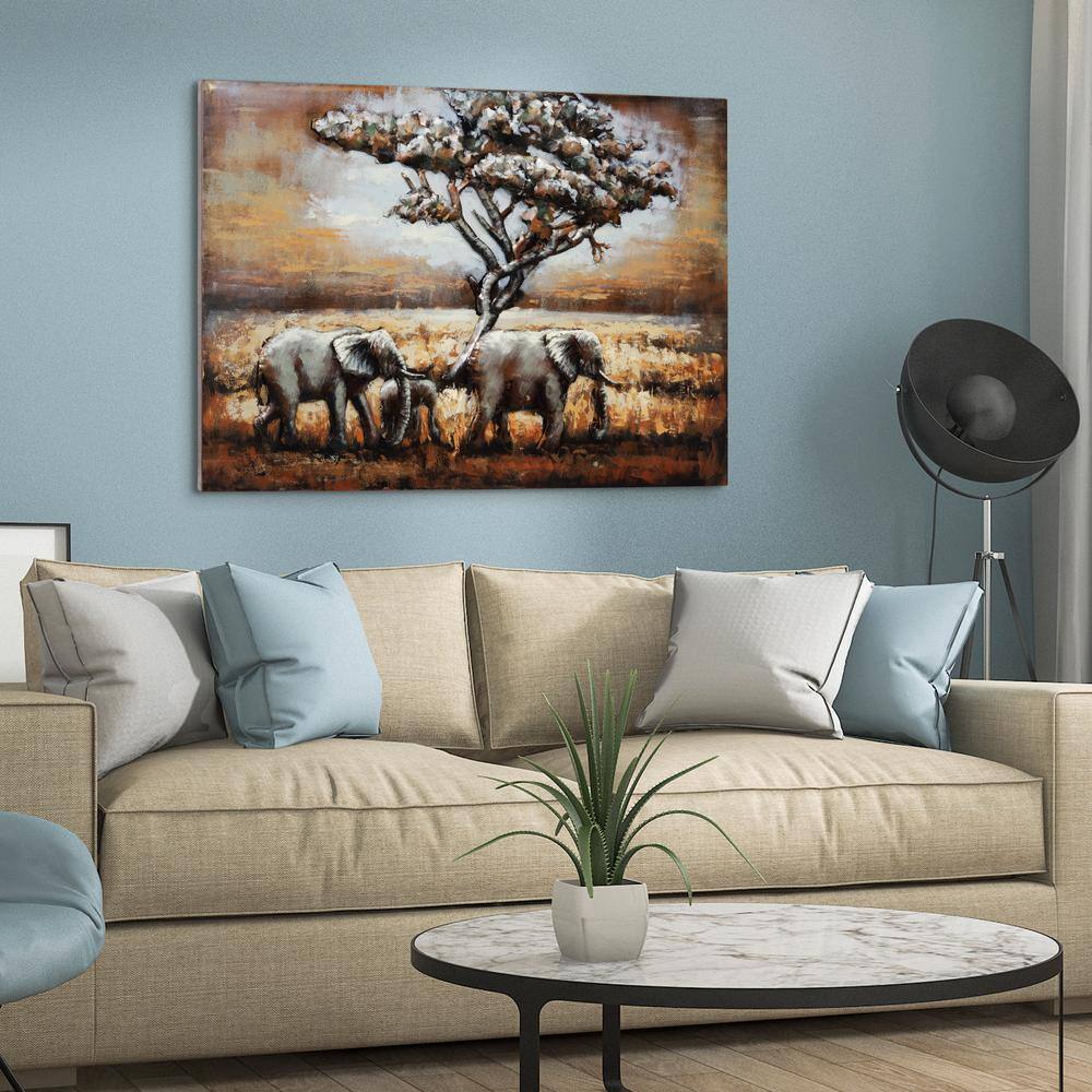 Hand Painted 3D Iron Elephant Wall Art with Tree