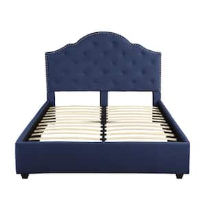 Cordeaux Queen-Size Navy Blue Fully Upholstered Bed Frame with Button Tufting and Nailhead Accents