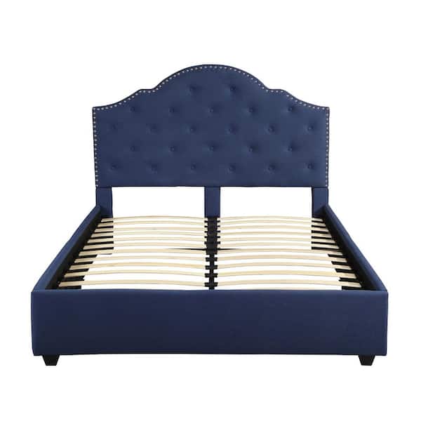 Navy Blue Fully Upholstered Bed Frame, Nailhead Bed Frame