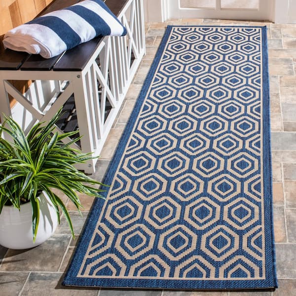 Courtyard Navy/Beige 2 ft. x 12 ft. Kilim Tribal Indoor/Outdoor Runner Rug
