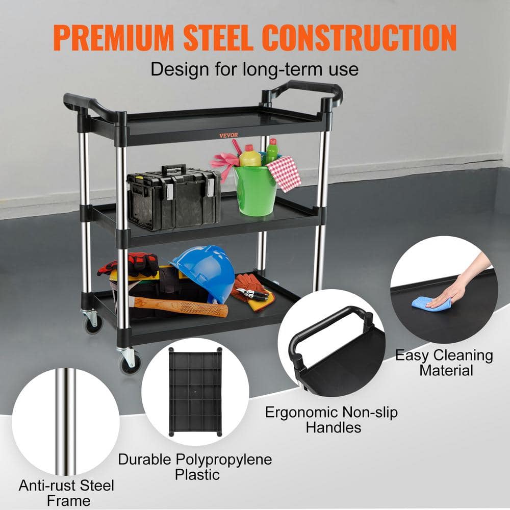 Black 3-Tier Utility Service Cart with Metal Wheels