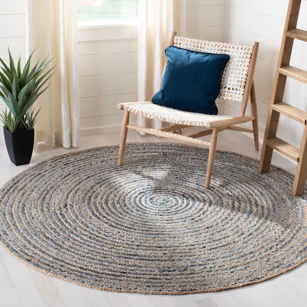Cape Cod Natural/Blue 7 ft. x 7 ft. Braided Striped Round Area Rug