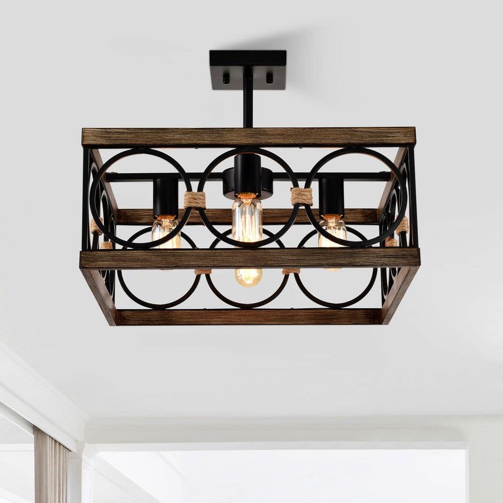 25 -Watt 4-Light Matte Black Shaded Pendant Light with Square Wood Shade , No Bulbs Included price history on PriceWatchPro
