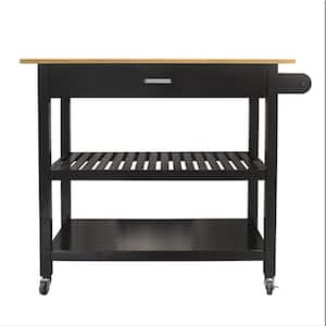 Black Wood Countertop 40 in. Kitchen Island Cart with Large Drawers