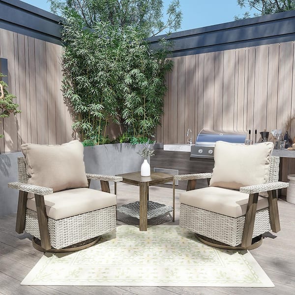 INMITOM 3-Piece Patio Wicker Conversation Set with Beige Cushions and Side Table - Swivel, Rock, and Relax in Style