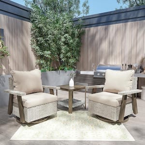 3-Piece Patio Wicker Conversation Set with Beige Cushions and Side Table - Swivel, Rock, and Relax in Style