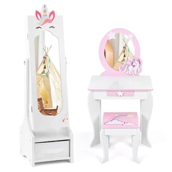 Kids Vanity Set Princess Makeup Dressing Table and Chair Set with Jewelry Armoire White
