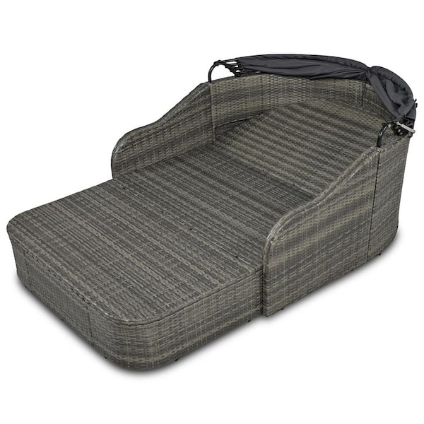 Sudzendf Gray Wicker Outdoor Day Bed with Gray Cushions, Double Lounge and Adjustable Canopy