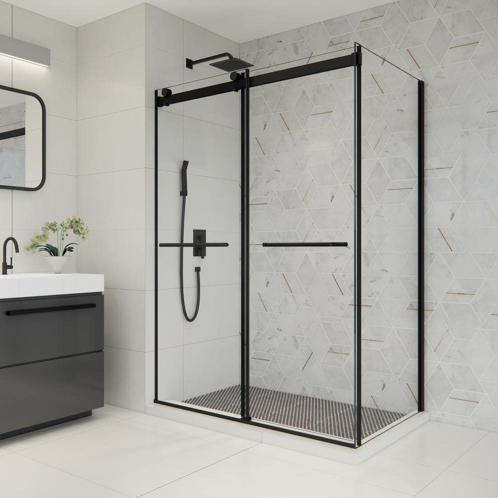 Belizzi 52" W x 76" H Frameless Matte Black Shower Enclosure with Clear Glass