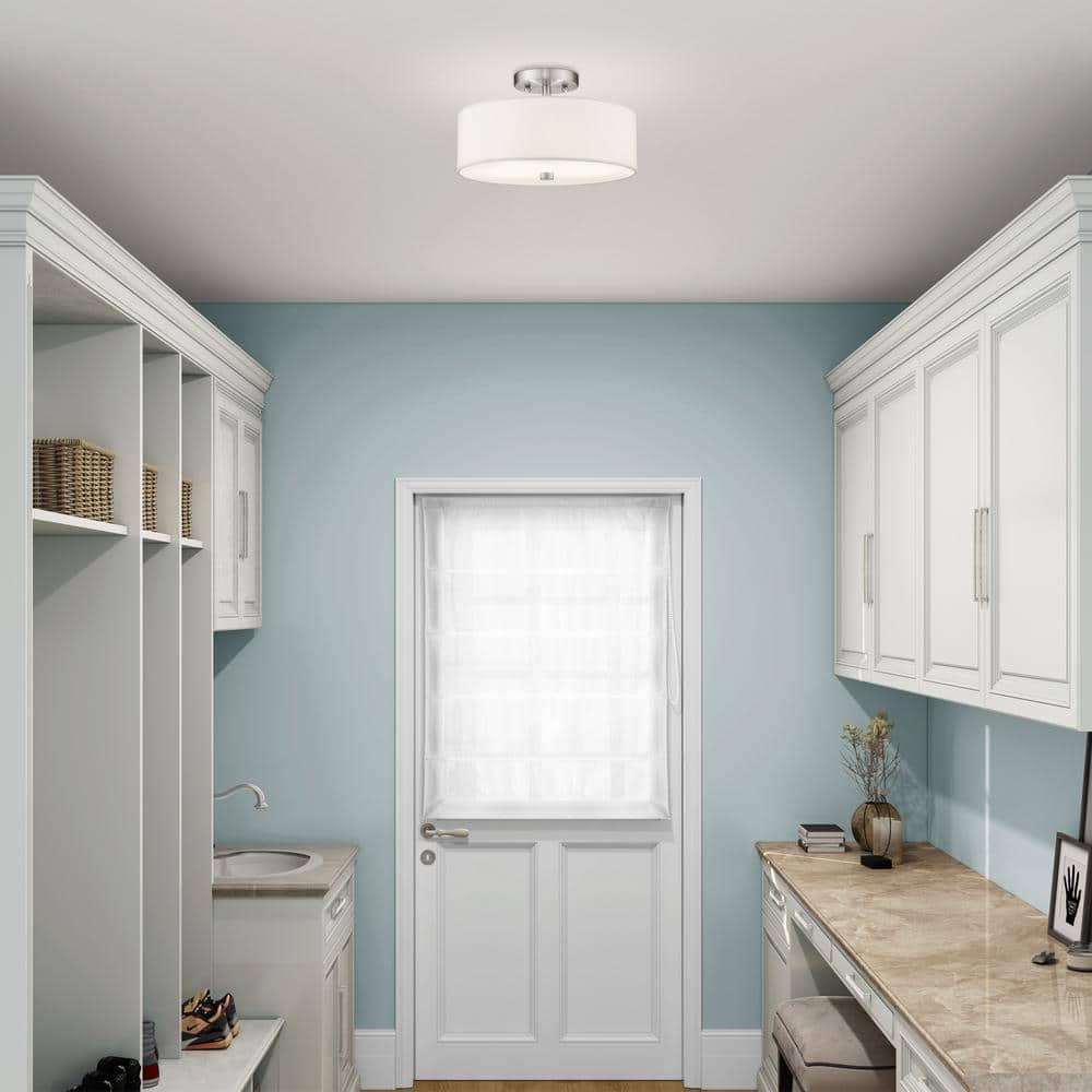 Elegant Brushed Nickel Semi-Flush Drum Light with Off-White Shade