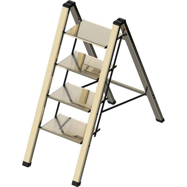 4-Step Ladder Folding Lightweight Aluminum Indoor Kitchen Ladder Anti-Slip Pedal 330 lbs. Champagne Gold
