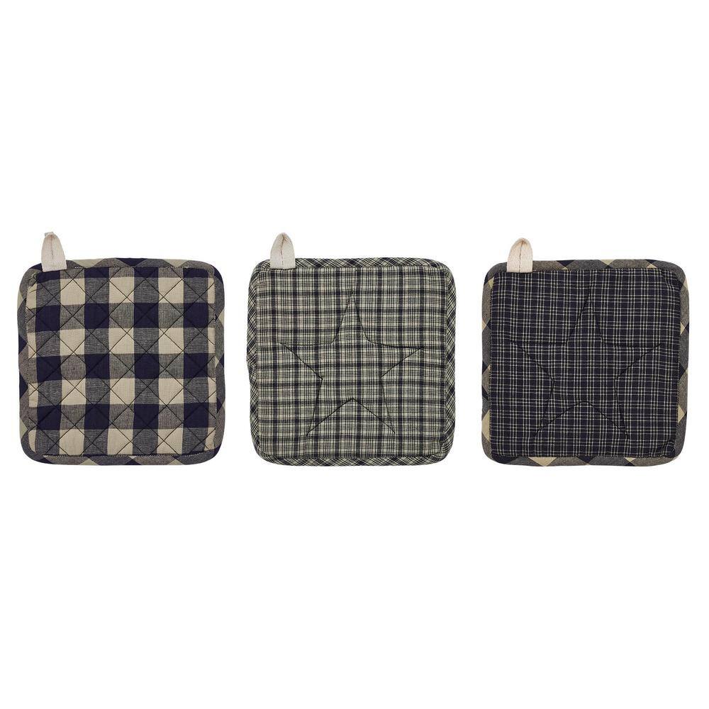Navy and Tan Patchwork Cotton Pot Holder Set of 3