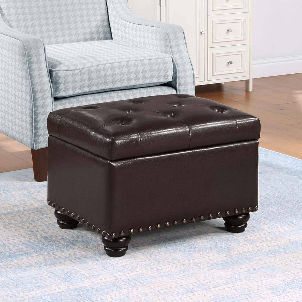 Espresso Faux Leather Tufted Storage Ottoman with Nailhead Trim