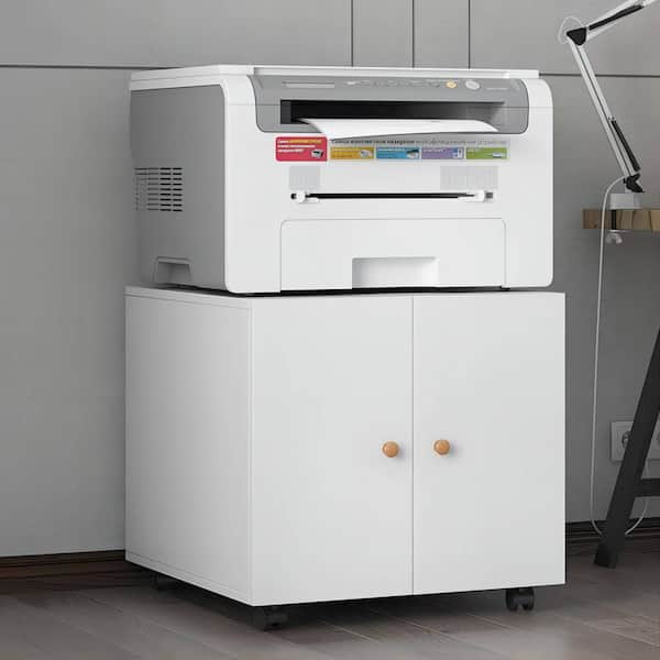 Unbranded No Drawer White 17.7 in x 23.6 in x 23.6 in Metal Mobile Lateral File Cabinet Printer Stand with 2-Door Office Furniture