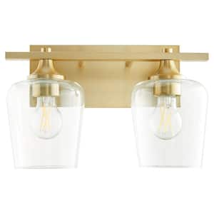 Veno 2-Light - 100-Watt Medium Base Lamp Light Vanity 14 in. Width Vanity with 2 Clear glass Diffusers Aged Brass