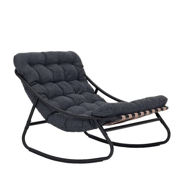 Black Metal Outdoor Rocking Chair with Gray Cushion