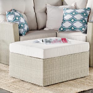 Canaan Beige All-Weather Wicker Outdoor Square Ottoman with Cream Cushion