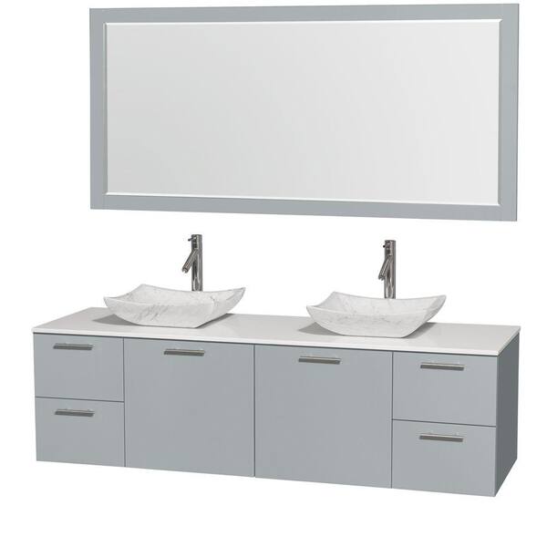 Wyndham Collection Amare 72 in. W x 22.25 in. D Vanity in Dove Gray with Solid-Surface Vanity Top in White with White Basins and Mirror