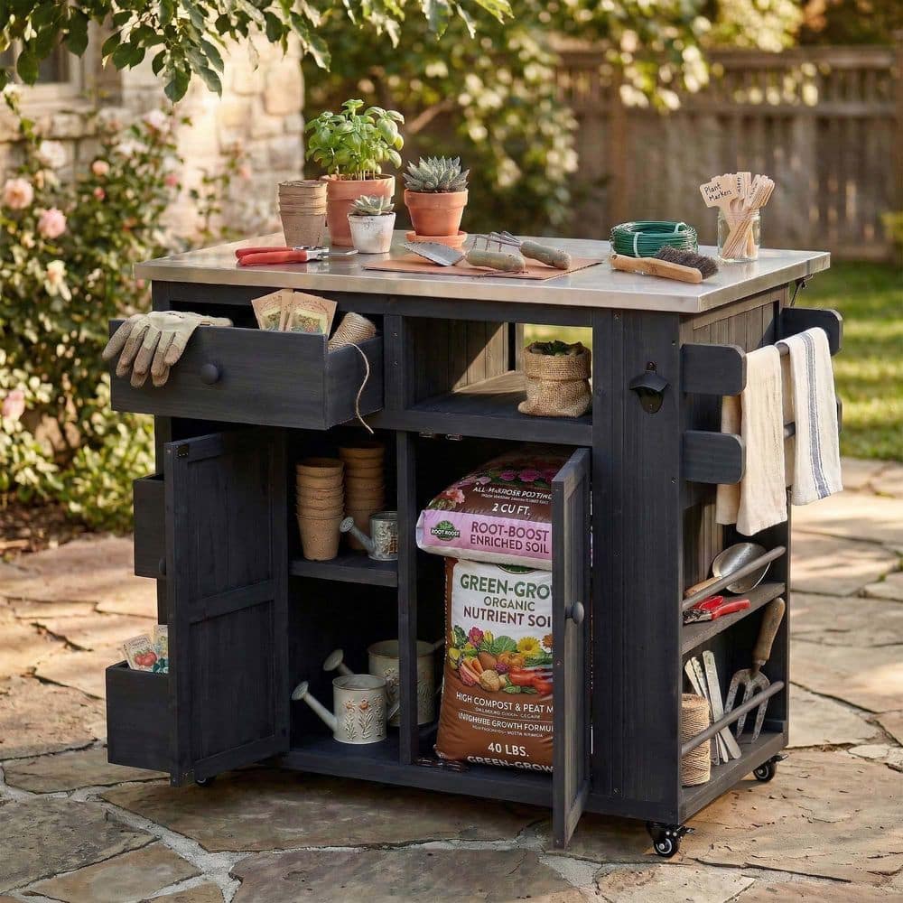 Outdoor Wood Bar Kitchen Island, Rolling Extendable Bar Cart with