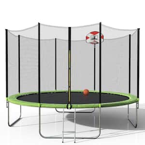Miniso 14 ft. Round Green Trampoline with Safety Enclosure Net and Basketball Hoop