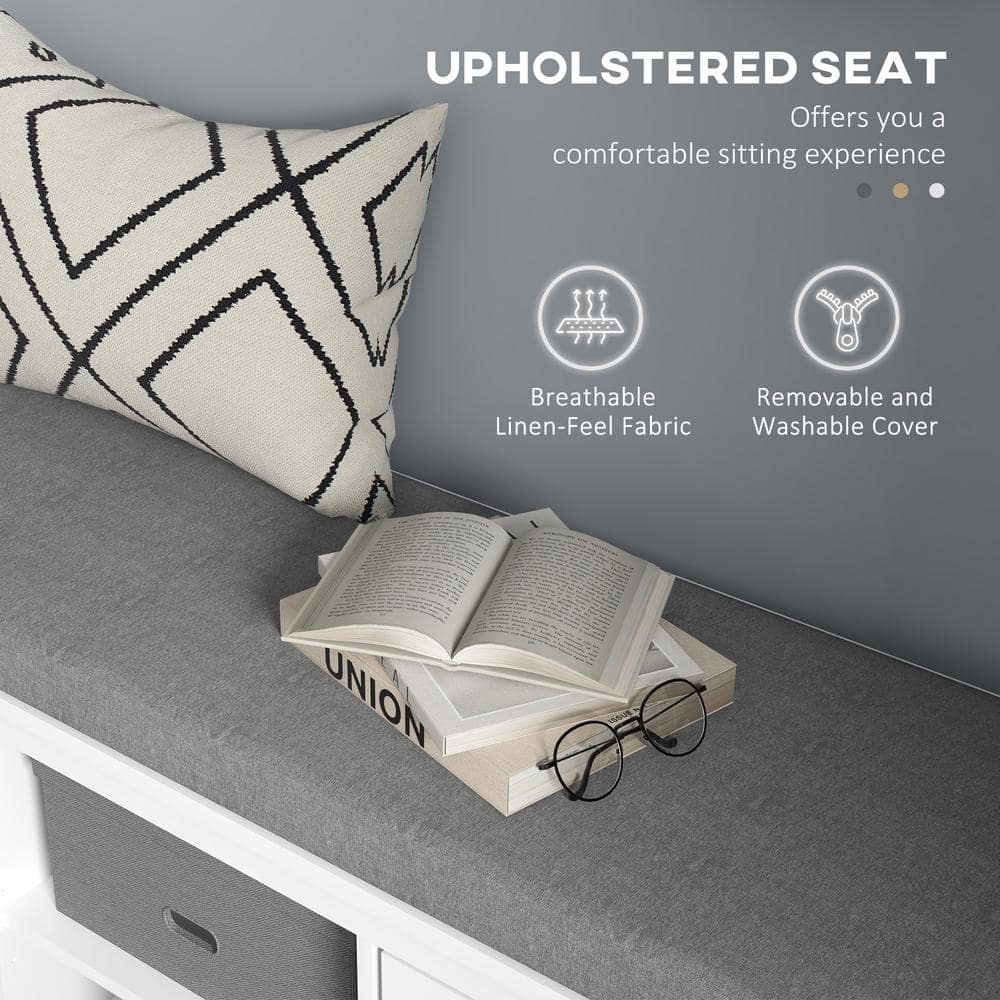 White Wood Storage Bench with Gray Cushion and Cabinets