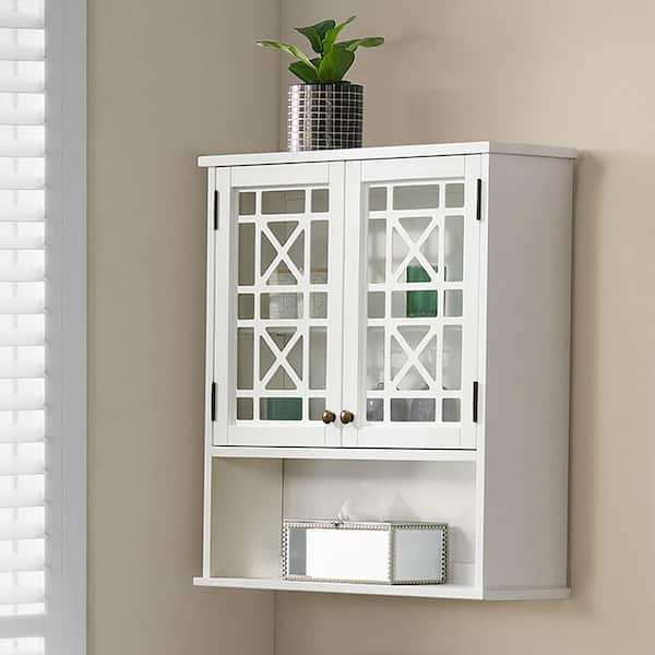 Alaterre Furniture Derby 27 in. W x 8 in. D x 29 in. H White Wall Mounted Bath Storage Cabinet with Glass Cabinet Doors and Shelf