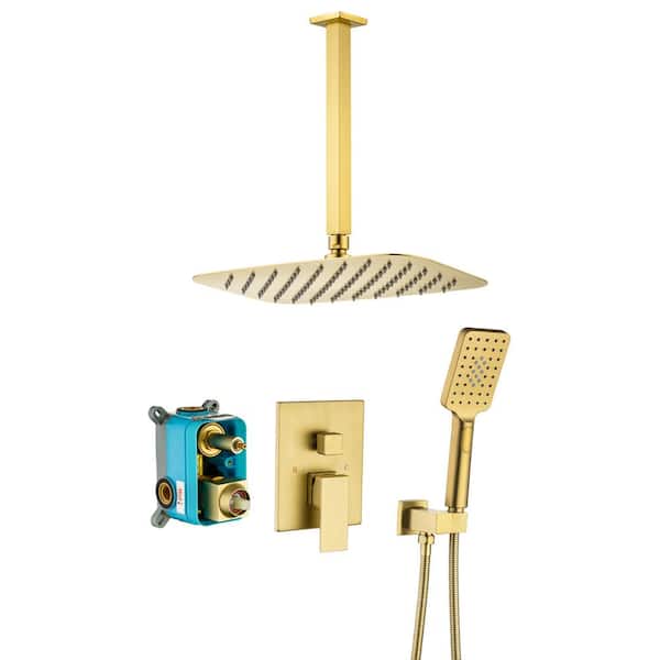 Lukvuzo 3-Spray 12 In. Ceiling Shower Head Wall Mount Fixed and Handheld  Dual Shower Head Flow Rate 1.46 GPM in Golden Finish